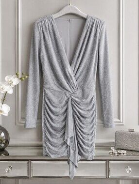 Nwt Alexia Admor Silver Metallic Ruched V-Neck Long Sleeve Mini Dress